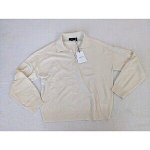 New Theory Sweater Womens XL Ivory 100% Cashmere Button Placket Polo Long Sleeve